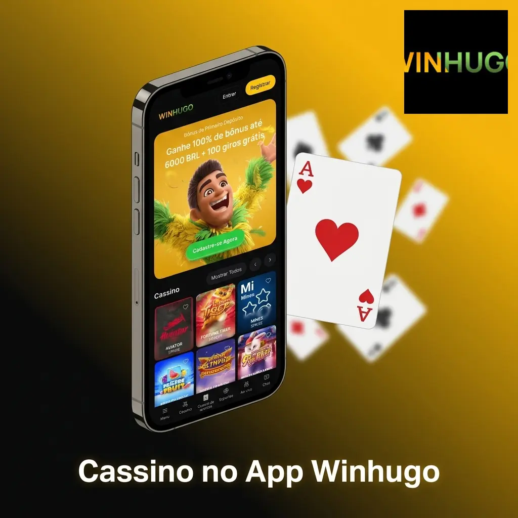 Interface do cassino no app Winhugo com slots, roleta, blackjack e jogos ao vivo de provedores renomados