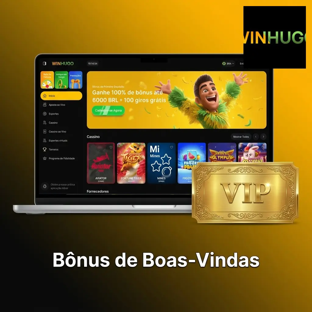 Bônus de boas-vindas Winhugo: 100% até R$6.000 e 100 rodadas grátis no primeiro depósito