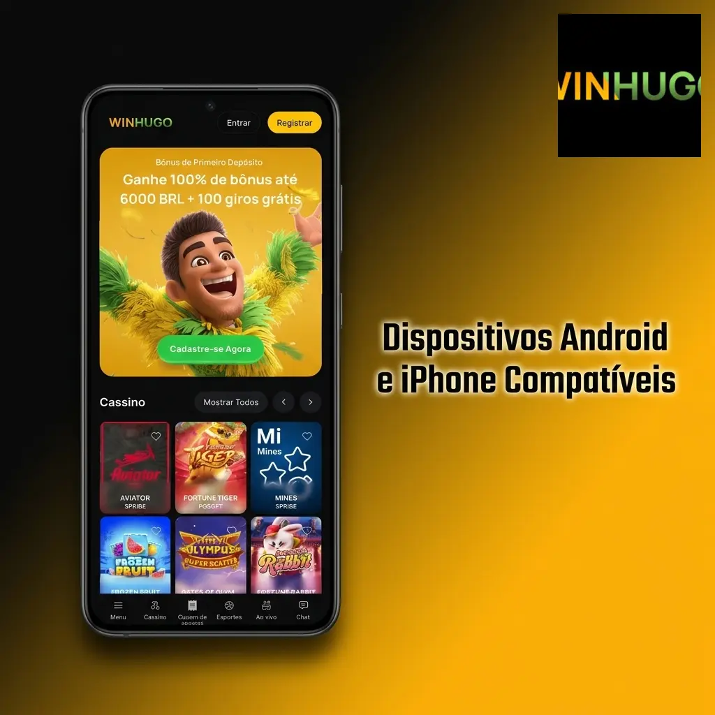 Smartphones Android e iPhone compatíveis com o aplicativo Winhugo, incluindo Samsung, Xiaomi, Motorola e Apple.