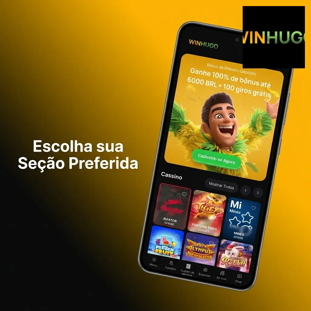 Menu principal do aplicativo Winhugo com seções de apostas esportivas, cassino ao vivo, slots e jogos de mesa