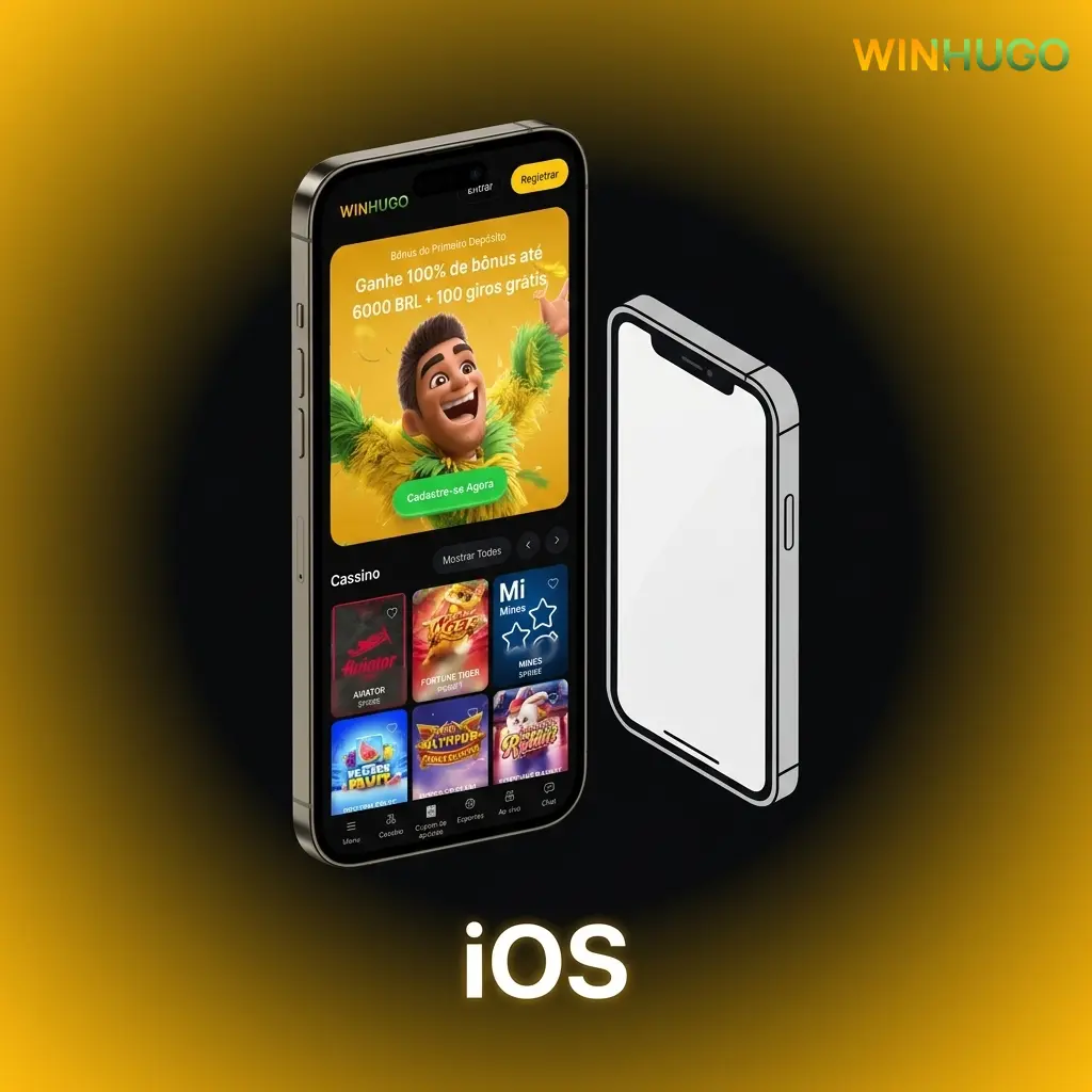 Tela de instalação do app Winhugo no iPhone via App Store com etapas de download e acesso à conta