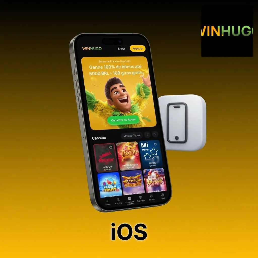 Passos para instalar o app da Winhugo no iPhone via App Store com credenciais de acesso