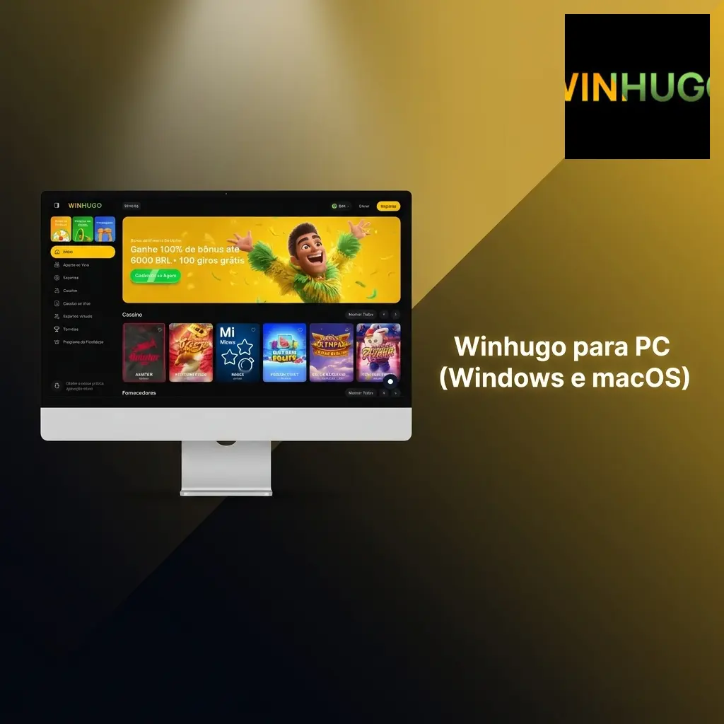Interface do site Winhugo funcionando no navegador em computadores Windows e macOS